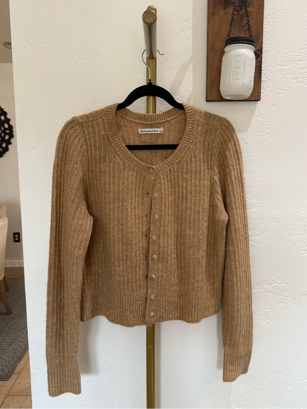 Abercrombie & Fitch Women's Tan Ribbed Button-Front Sweater